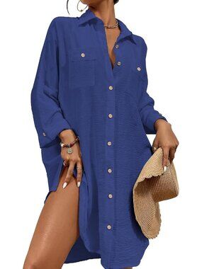 Women's Dark Blue Polyester Elastane Blouse Button Down Modern Swimsuit Coverup